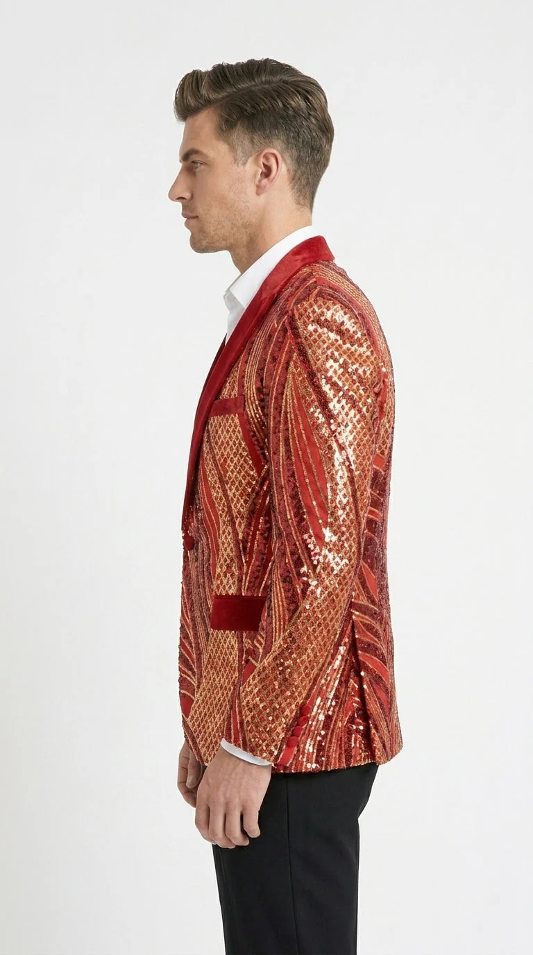 Men’s Red and Gold Sequin Christmas Holiday Blazer – Luxury Party Jacket for New Year, Wedding and Festive Events - Image 3