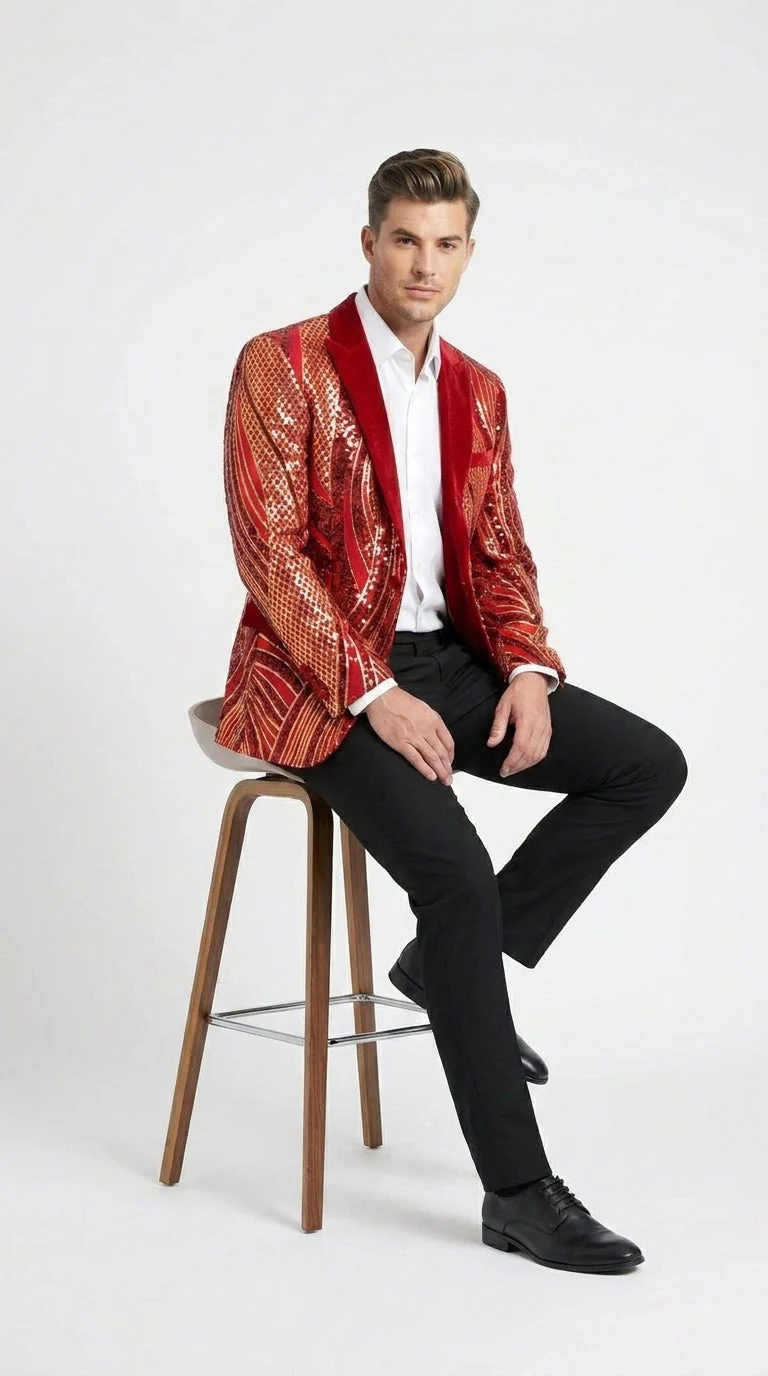 Men’s Red and Gold Sequin Christmas Holiday Blazer – Luxury Party Jacket for New Year, Wedding and Festive Events - Image 4