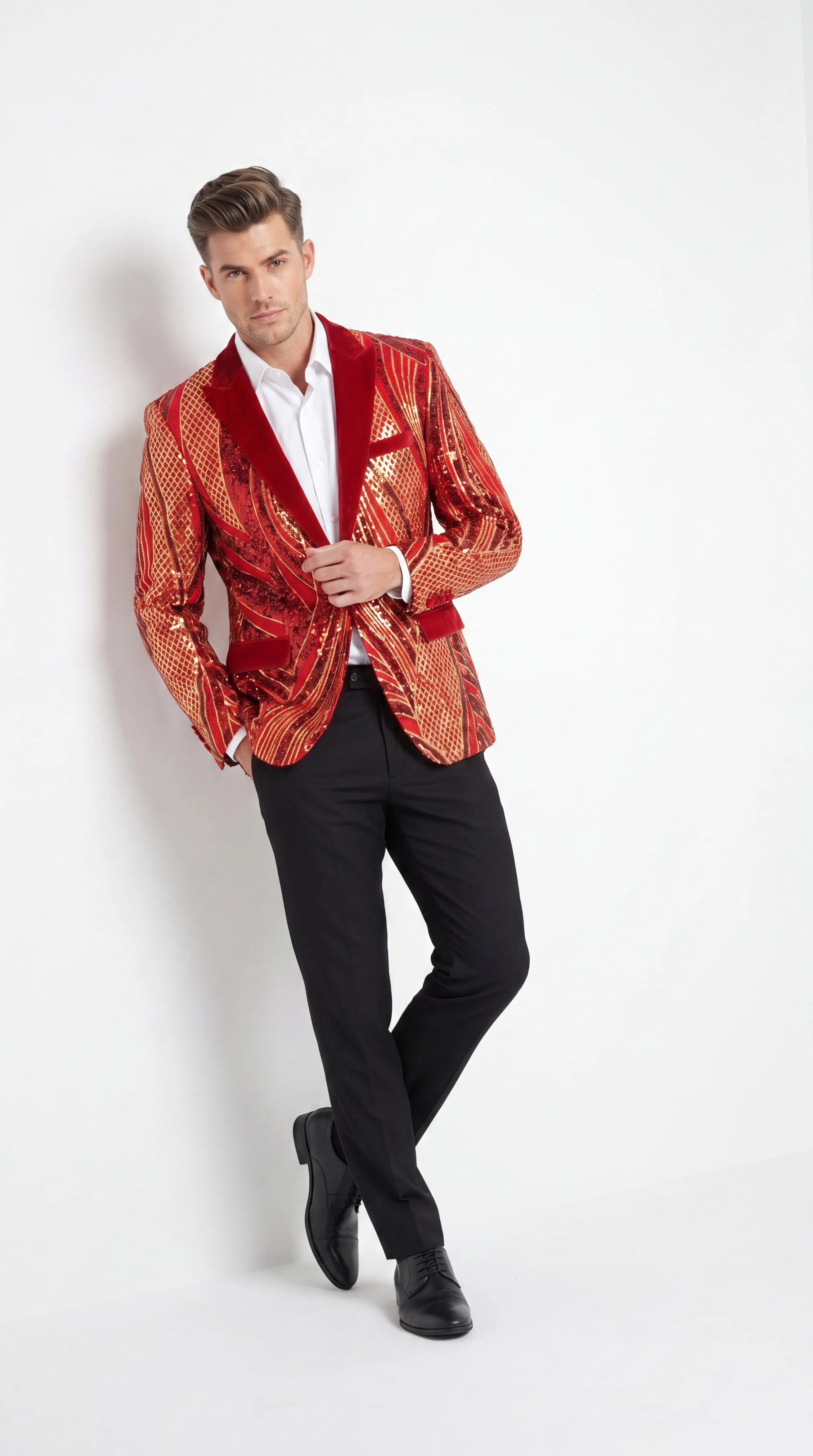 Men’s Red and Gold Sequin Christmas Holiday Blazer – Luxury Party Jacket for New Year, Wedding and Festive Events - Image 5