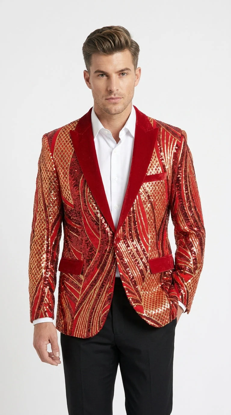 Men’s Red and Gold Sequin Christmas Holiday Blazer – Luxury Party Jacket for New Year, Wedding and Festive Events - Image 6