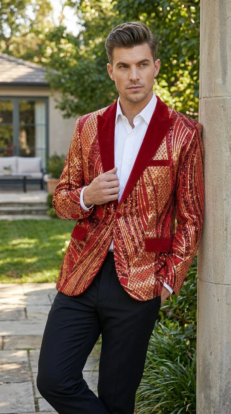 Men’s Red and Gold Sequin Christmas Holiday Blazer – Luxury Party Jacket for New Year, Wedding and Festive Events - Image 9