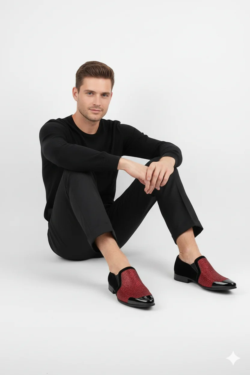 Men’s Red Glitter Tuxedo Loafers – Shiny Slip-On Dress Shoes with Black Patent Toe for Parties and Formal Events - Image 5