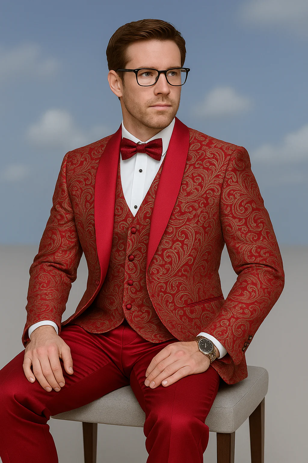 Men’s Red Paisley Brocade Prom Tuxedo with Vested Double Breasted Suit – Wedding Ready - Image 3