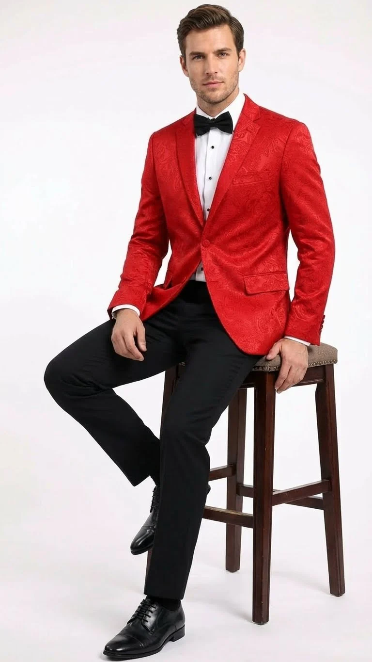 Men’s Red Paisley Velvet Blazer - Christmas new year Sport Coat Jacket - Prom 2026 Collection - Image 4