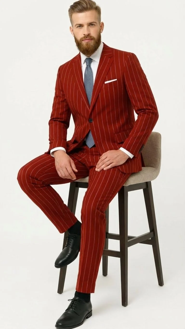 Men’s Red Pinstripe Suit – Stripe Two-Button Vested Suit 2 Buttons - Image 4