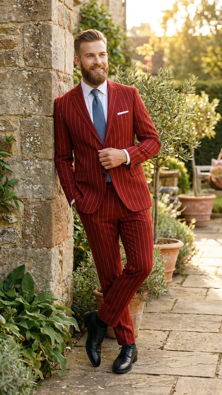 Men’s Red Pinstripe Suit – Stripe Two-Button Vested Suit 2 Buttons - Image 8