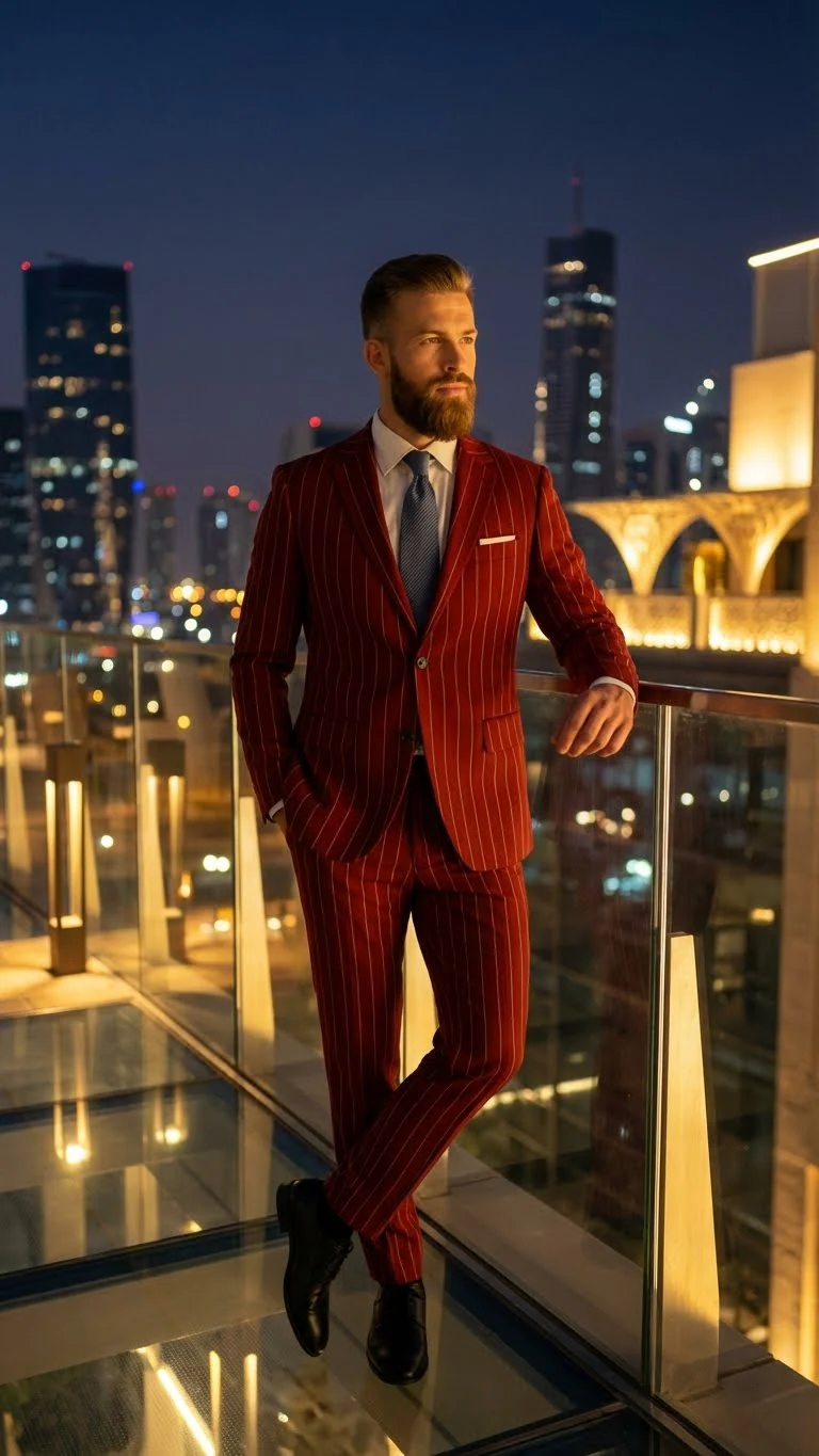 Men’s Red Pinstripe Suit – Stripe Two-Button Vested Suit 2 Buttons - Image 9