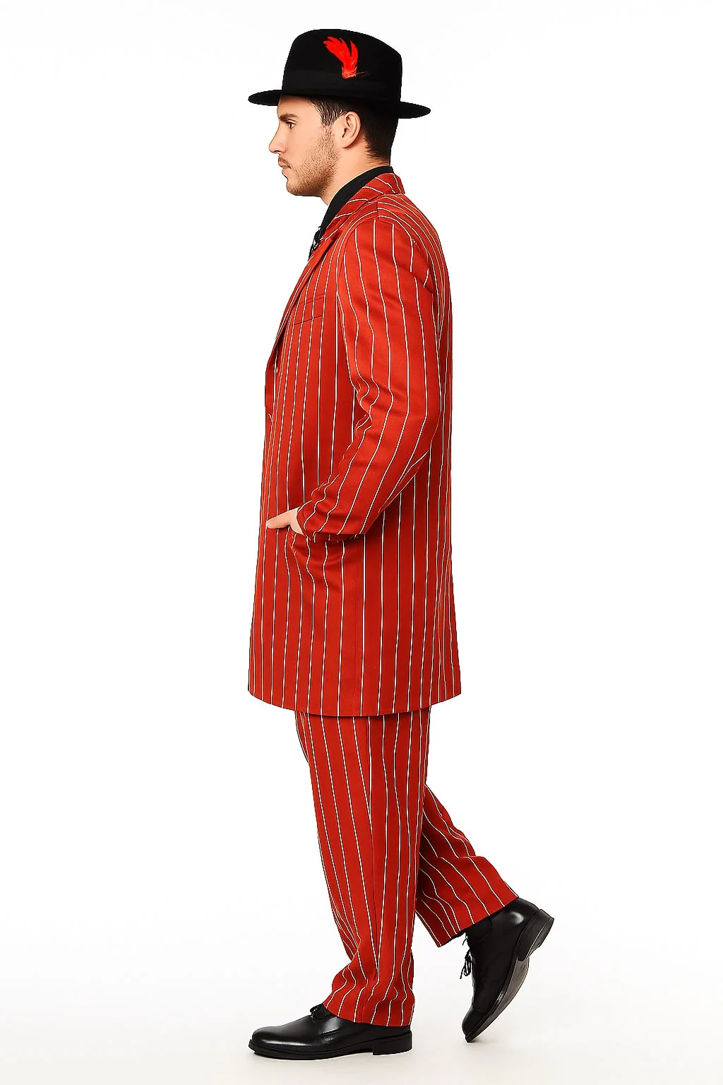 Men’s Red Pinstripe Zoot Suit – 1920s Gangster Pimp Style with Long Jacket & Matching Hat - Image 3