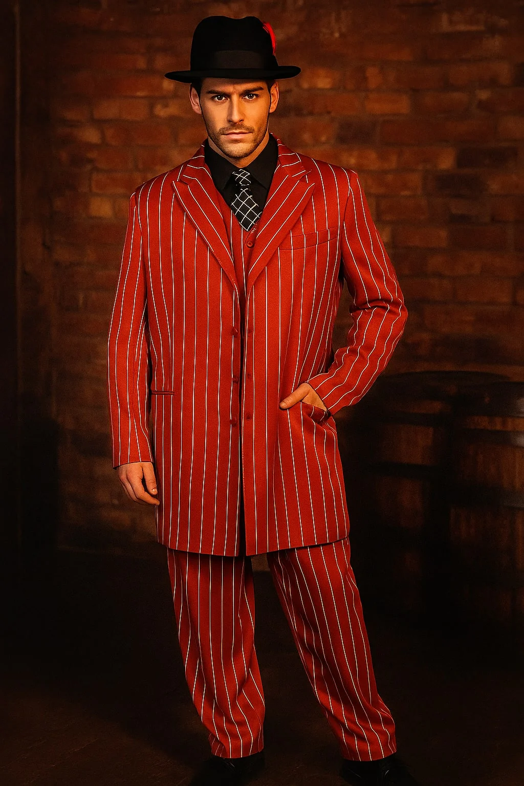 Men’s Red Pinstripe Zoot Suit – 1920s Gangster Pimp Style with Long Jacket & Matching Hat - Image 4