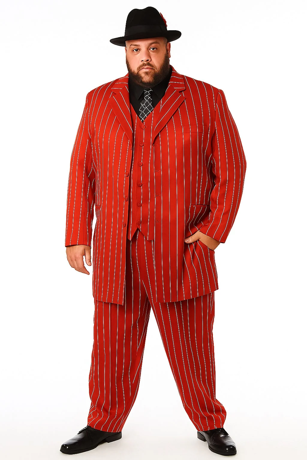 Men’s Red Pinstripe Zoot Suit – 1920s Gangster Pimp Style with Long Jacket & Matching Hat - Image 5