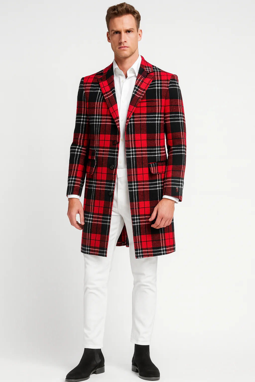 Men’s Red Plaid Wool Overcoat – Classic Tartan Check Long Coat for Stylish Winter Wear - Image 3