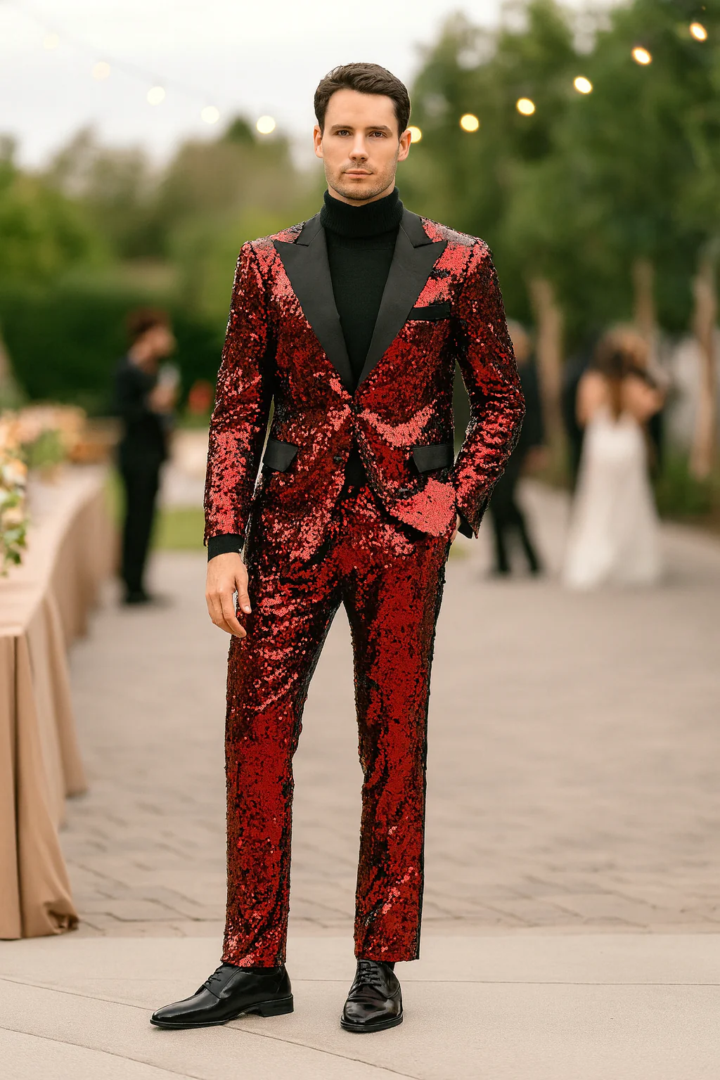 Men’s Red Sequin Tuxedo Suit with Black Lapel – Luxury Slim Fit Blazer and Pants Set Matching - Image 4