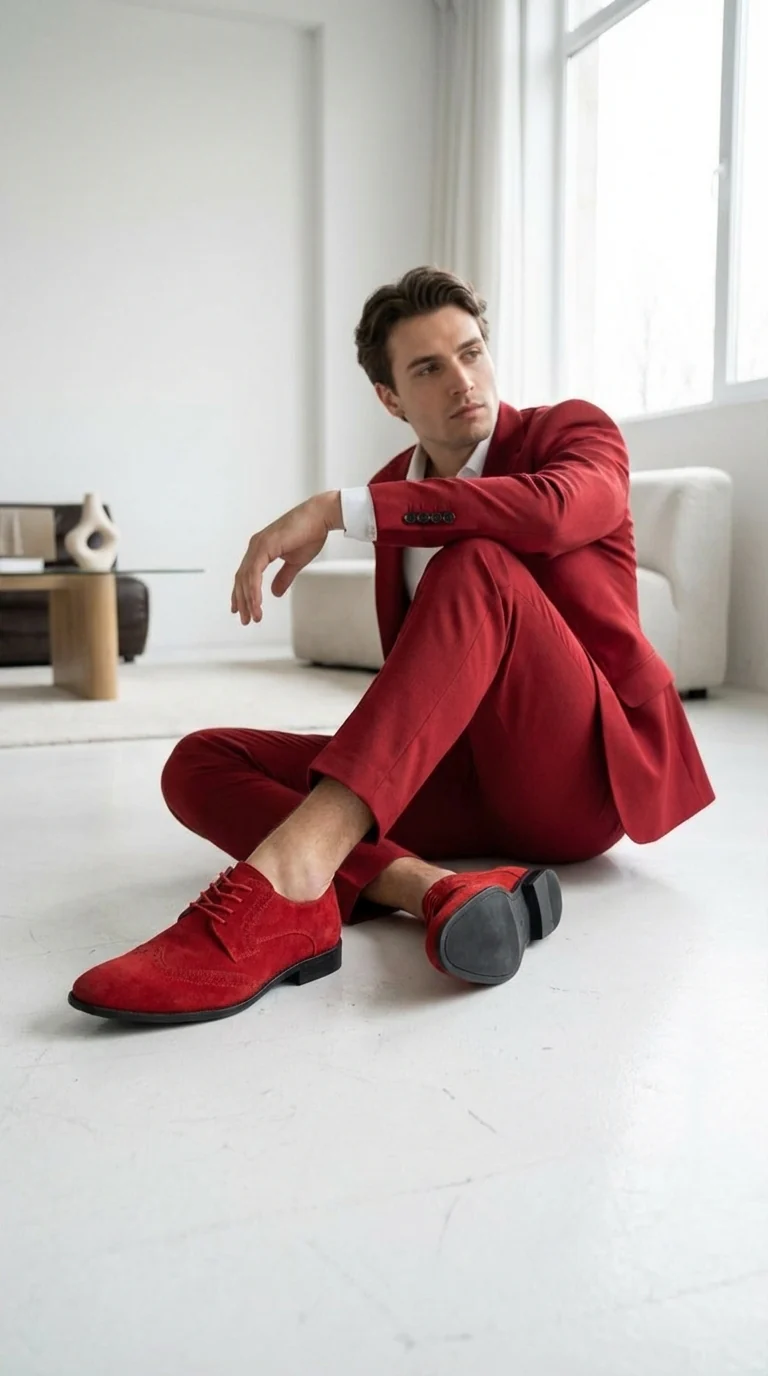 Men’s Red Suede Tuxedo Dress Shoes | Formal Lace-Up Wingtip Shoes for Wedding, Prom & Party - Velvet Shoe - Image 3