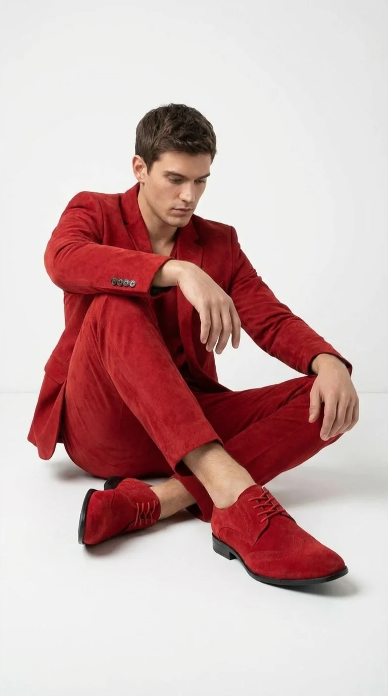 Men’s Red Suede Tuxedo Dress Shoes | Formal Lace-Up Wingtip Shoes for Wedding, Prom & Party - Velvet Shoe - Image 5