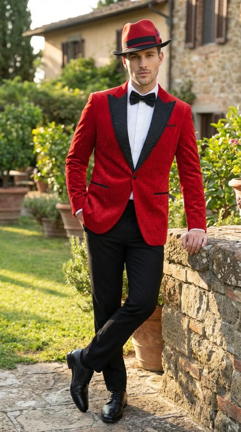 Men’s Red Velvet Fabric Rhinestone  Blazer with Matching Red and Black Hat – Christmas New Year Holiday Party Jacket Set - Image 10