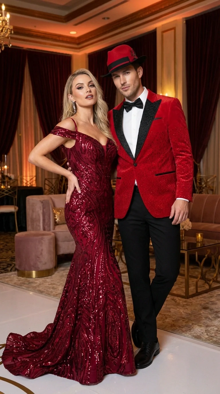 Men’s Red Velvet Fabric Rhinestone  Blazer with Matching Red and Black Hat – Christmas New Year Holiday Party Jacket Set - Image 11