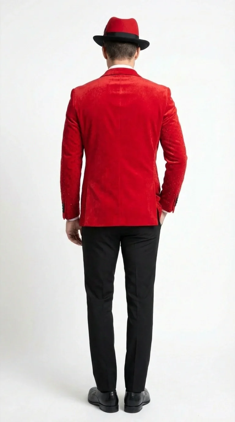 Men’s Red Velvet Fabric Rhinestone  Blazer with Matching Red and Black Hat – Christmas New Year Holiday Party Jacket Set - Image 3