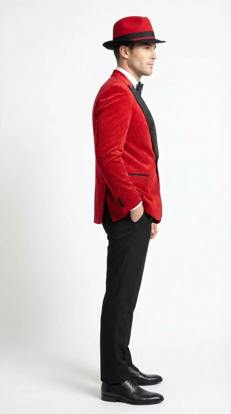 Men’s Red Velvet Fabric Rhinestone  Blazer with Matching Red and Black Hat – Christmas New Year Holiday Party Jacket Set - Image 4