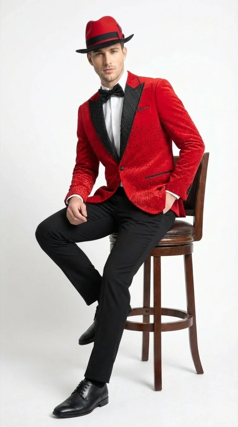 Men’s Red Velvet Fabric Rhinestone  Blazer with Matching Red and Black Hat – Christmas New Year Holiday Party Jacket Set - Image 5