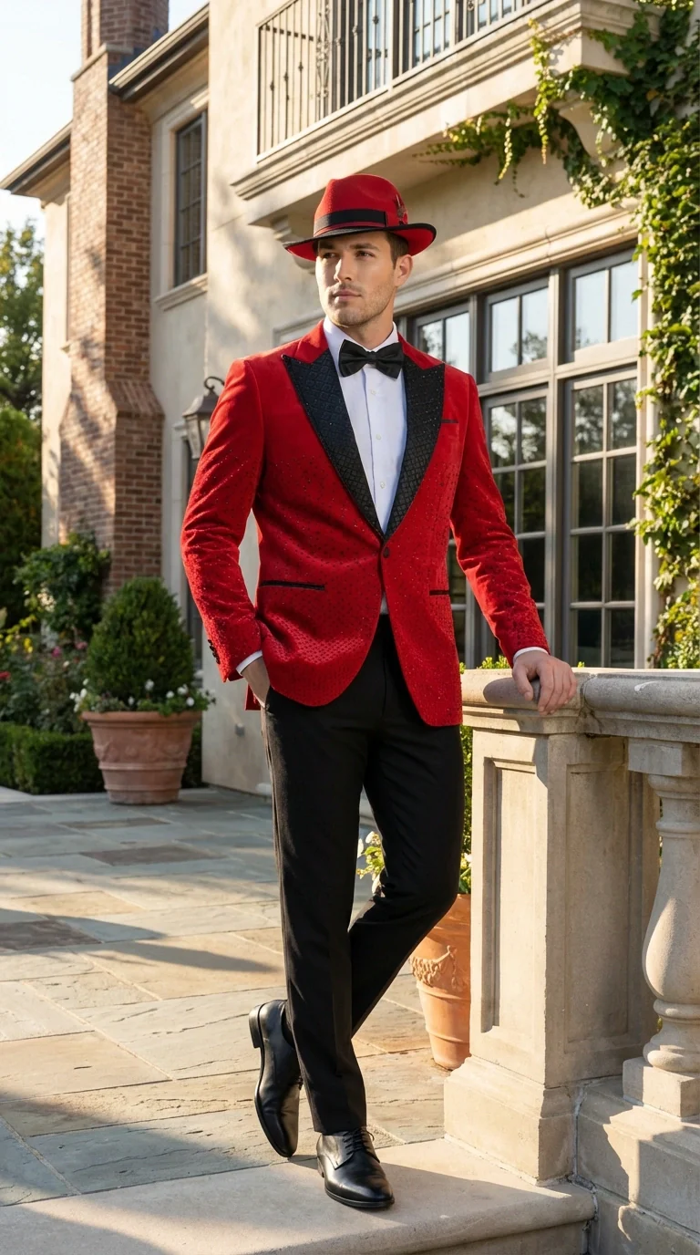 Men’s Red Velvet Fabric Rhinestone  Blazer with Matching Red and Black Hat – Christmas New Year Holiday Party Jacket Set - Image 6