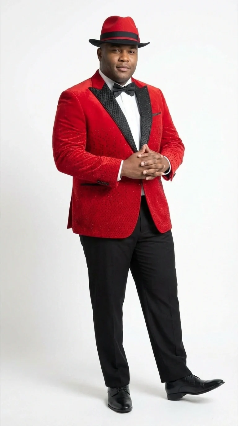 Men’s Red Velvet Fabric Rhinestone  Blazer with Matching Red and Black Hat – Christmas New Year Holiday Party Jacket Set - Image 7