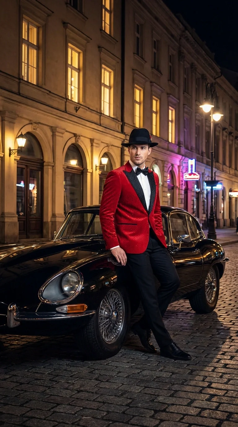 Men’s Red Velvet Fabric Rhinestone  Blazer with Matching Red and Black Hat – Christmas New Year Holiday Party Jacket Set - Image 8