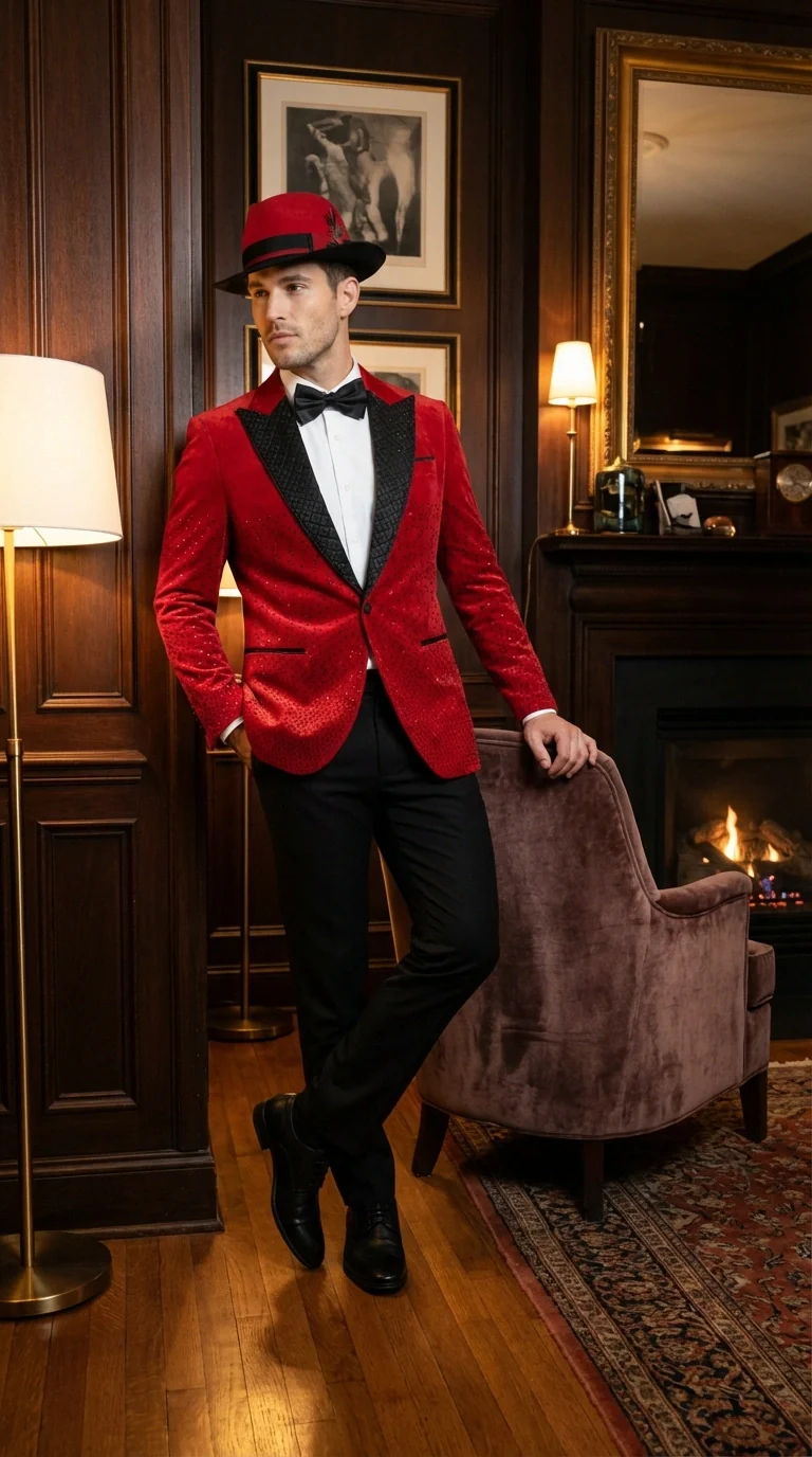 Men’s Red Velvet Fabric Rhinestone  Blazer with Matching Red and Black Hat – Christmas New Year Holiday Party Jacket Set - Image 9