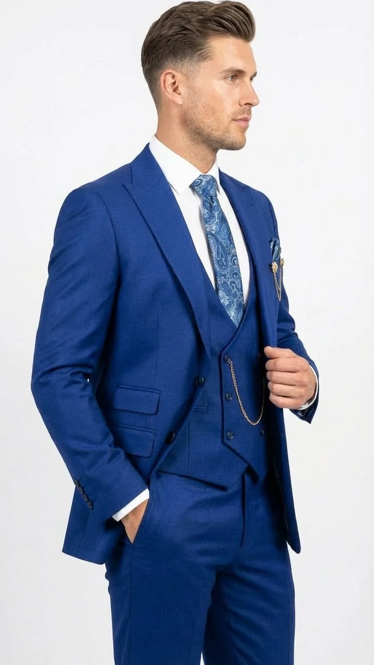 Men’s Royal Blue 3 Piece Suit Set with Vest – Formal Wedding and Party Wear Suit - Saphire Cobalt blue - Image 3