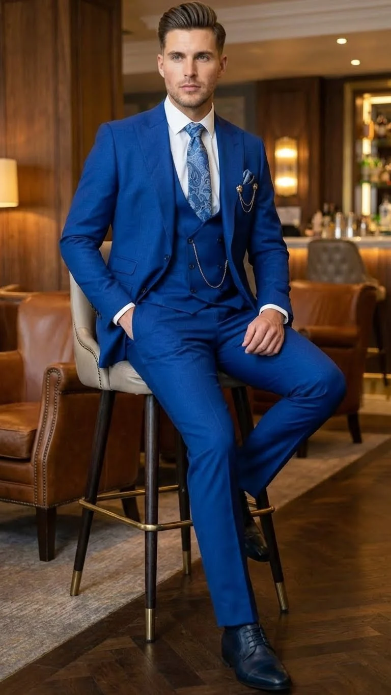 Men’s Royal Blue 3 Piece Suit Set with Vest – Formal Wedding and Party Wear Suit - Saphire Cobalt blue - Image 4