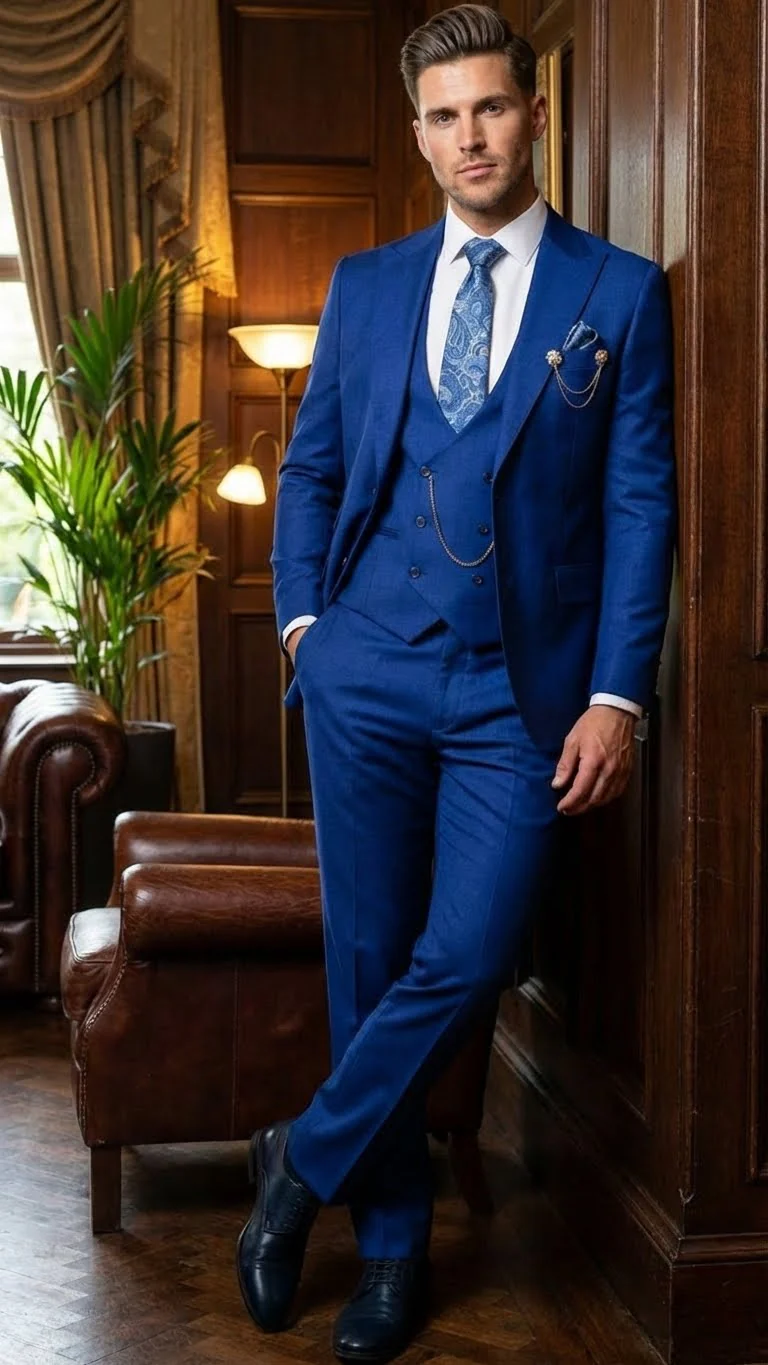 Men’s Royal Blue 3 Piece Suit Set with Vest – Formal Wedding and Party Wear Suit - Saphire Cobalt blue - Image 9