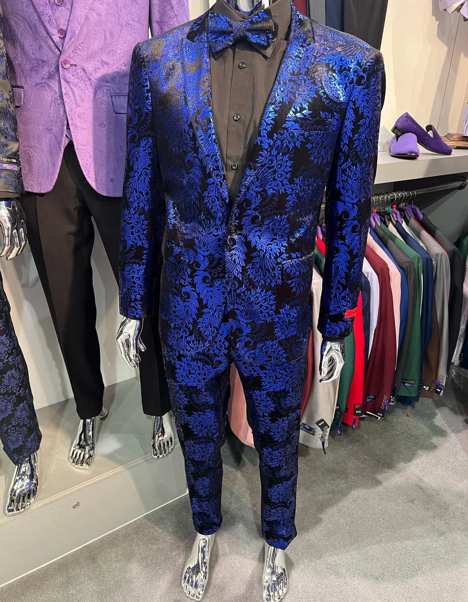 Menƒ??s Royal Blue and Black Floral Tuxedo Suit ƒ?? Slim Fit 2 Piece Formal Outfit with Matching Bow Tie - Image 2
