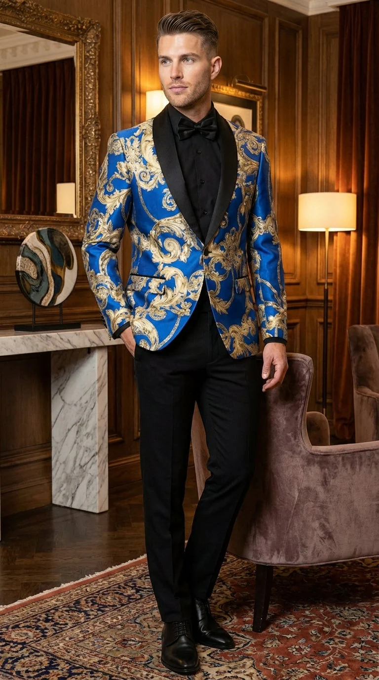 Men’s Royal Blue and Gold Blazer Jacket – Luxury Floral Pattern Tuxedo Blazer, Formal Party Wedding Dinner Jacket, Stylish Evening Wear - Image 10