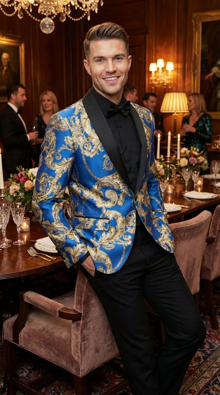 Men’s Royal Blue and Gold Blazer Jacket – Luxury Floral Pattern Tuxedo Blazer, Formal Party Wedding Dinner Jacket, Stylish Evening Wear - Image 11