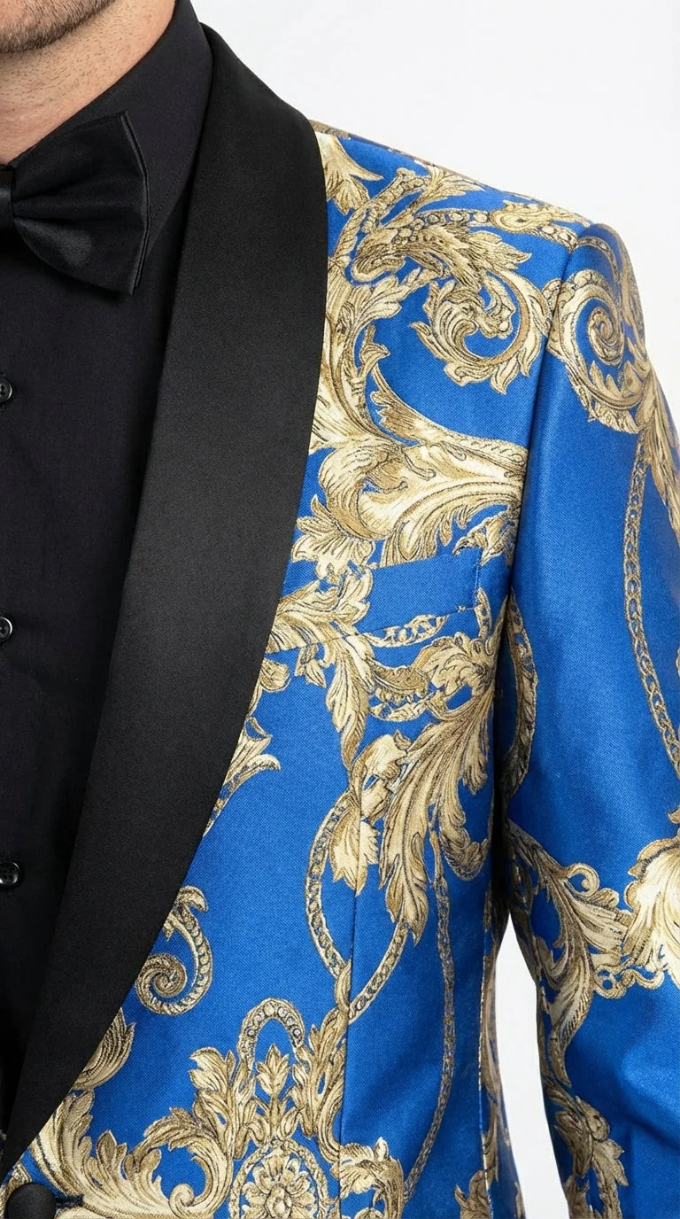 Men’s Royal Blue and Gold Blazer Jacket – Luxury Floral Pattern Tuxedo Blazer, Formal Party Wedding Dinner Jacket, Stylish Evening Wear - Image 13