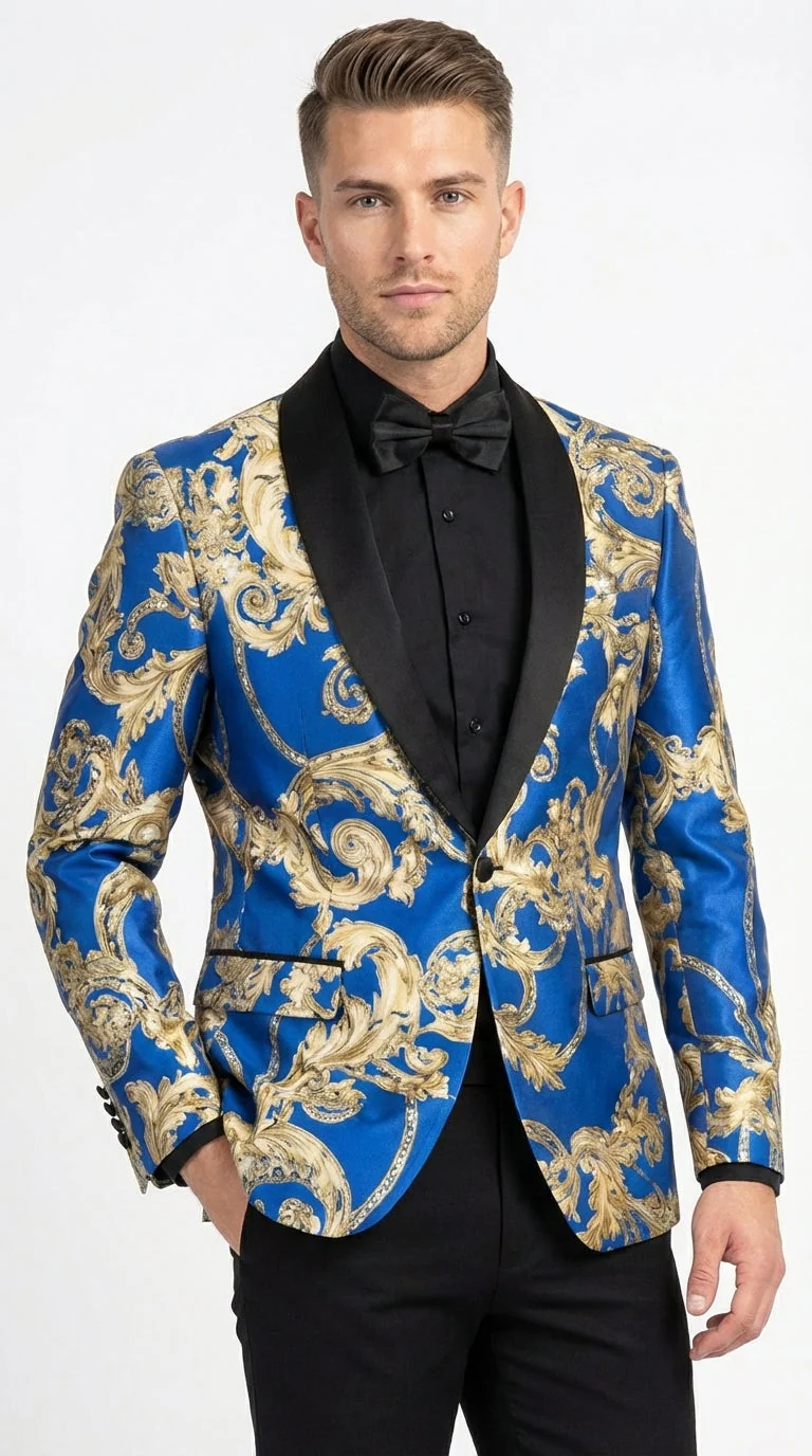 Men’s Royal Blue and Gold Blazer Jacket – Luxury Floral Pattern Tuxedo Blazer, Formal Party Wedding Dinner Jacket, Stylish Evening Wear - Image 3