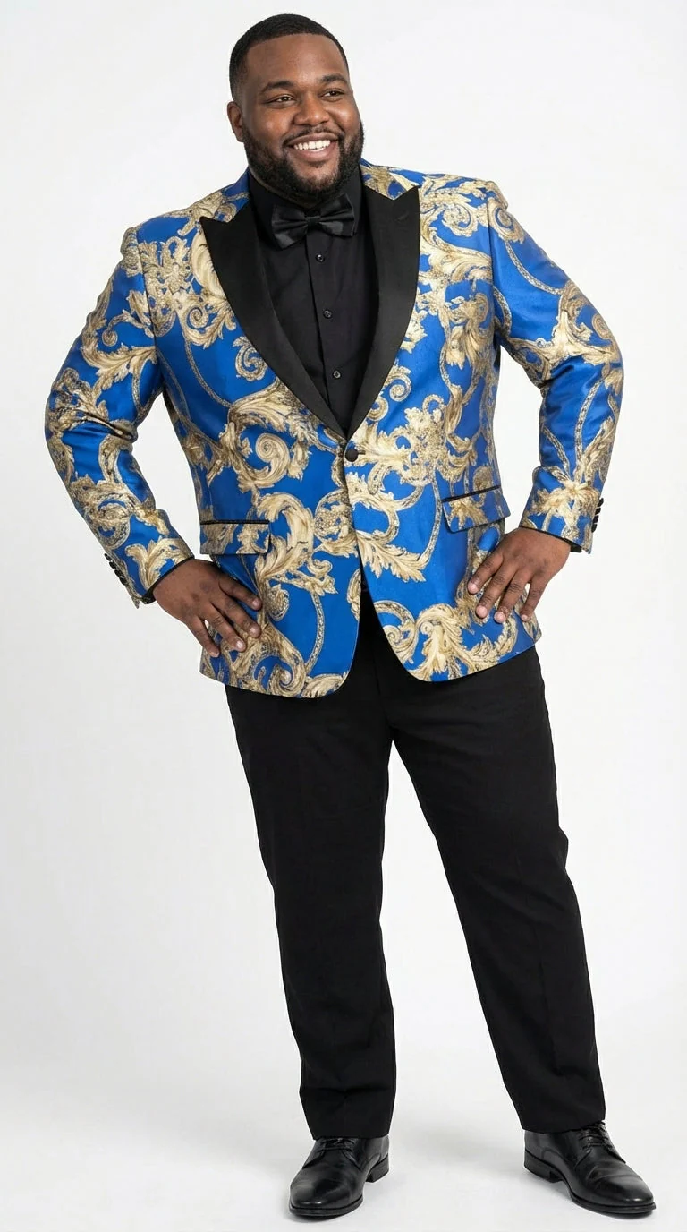 Men’s Royal Blue and Gold Blazer Jacket – Luxury Floral Pattern Tuxedo Blazer, Formal Party Wedding Dinner Jacket, Stylish Evening Wear - Image 6