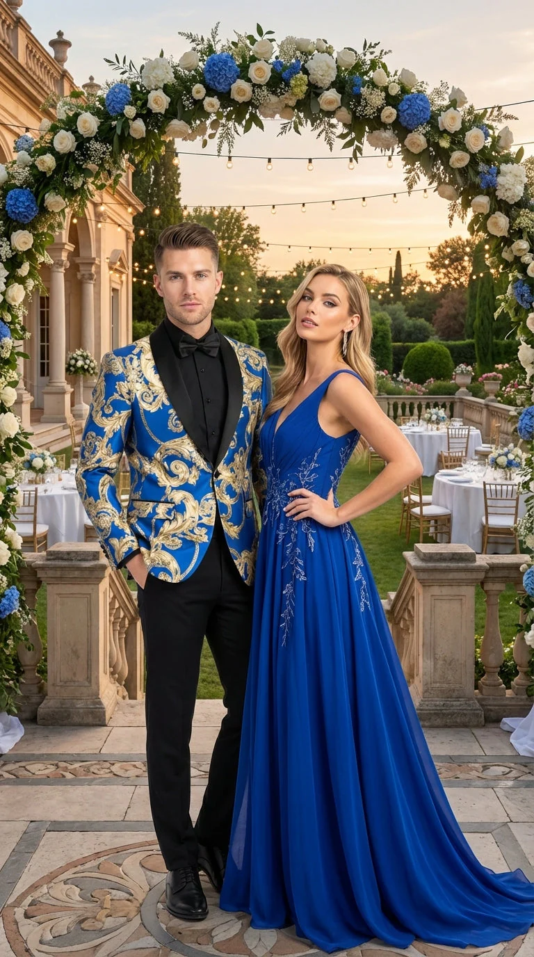 Men’s Royal Blue and Gold Blazer Jacket – Luxury Floral Pattern Tuxedo Blazer, Formal Party Wedding Dinner Jacket, Stylish Evening Wear - Image 7
