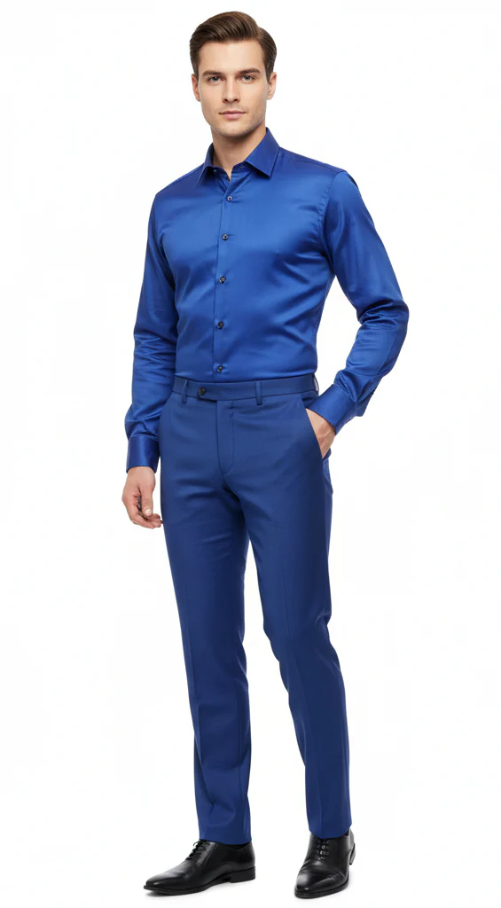 Men’s Royal Blue Satin Dress Shirt – Luxury Long Sleeve Formal Shirt for Parties, Weddings, and Business Wear