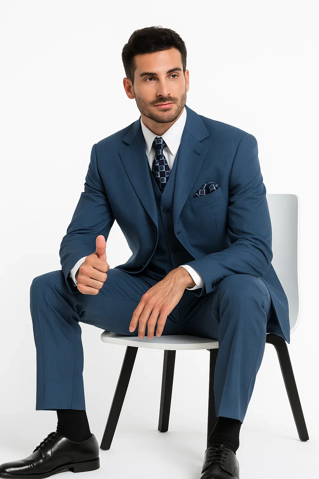 Men’s Saphire Steel Blue 3-Button  – Formal Business Attire Three Button Style Classic Fit Pleated Pants in Indigo Coablt Blue Color - Image 3