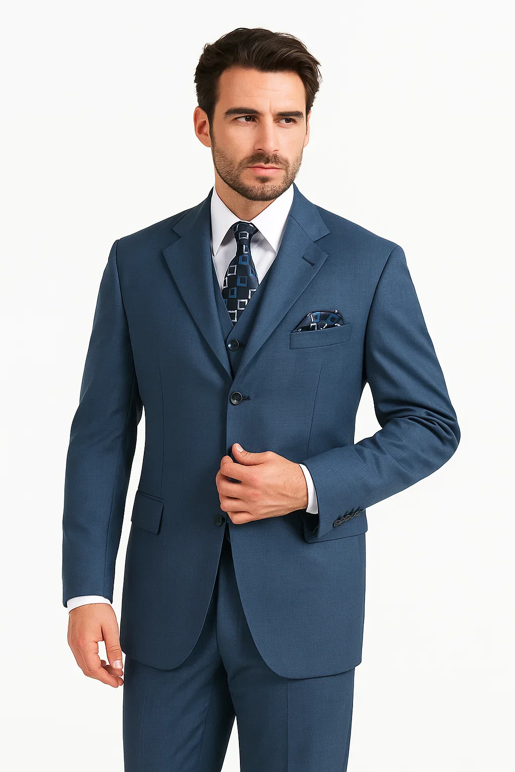 Men’s Saphire Steel Blue 3-Button  – Formal Business Attire Three Button Style Classic Fit Pleated Pants in Indigo Coablt Blue Color - Image 4