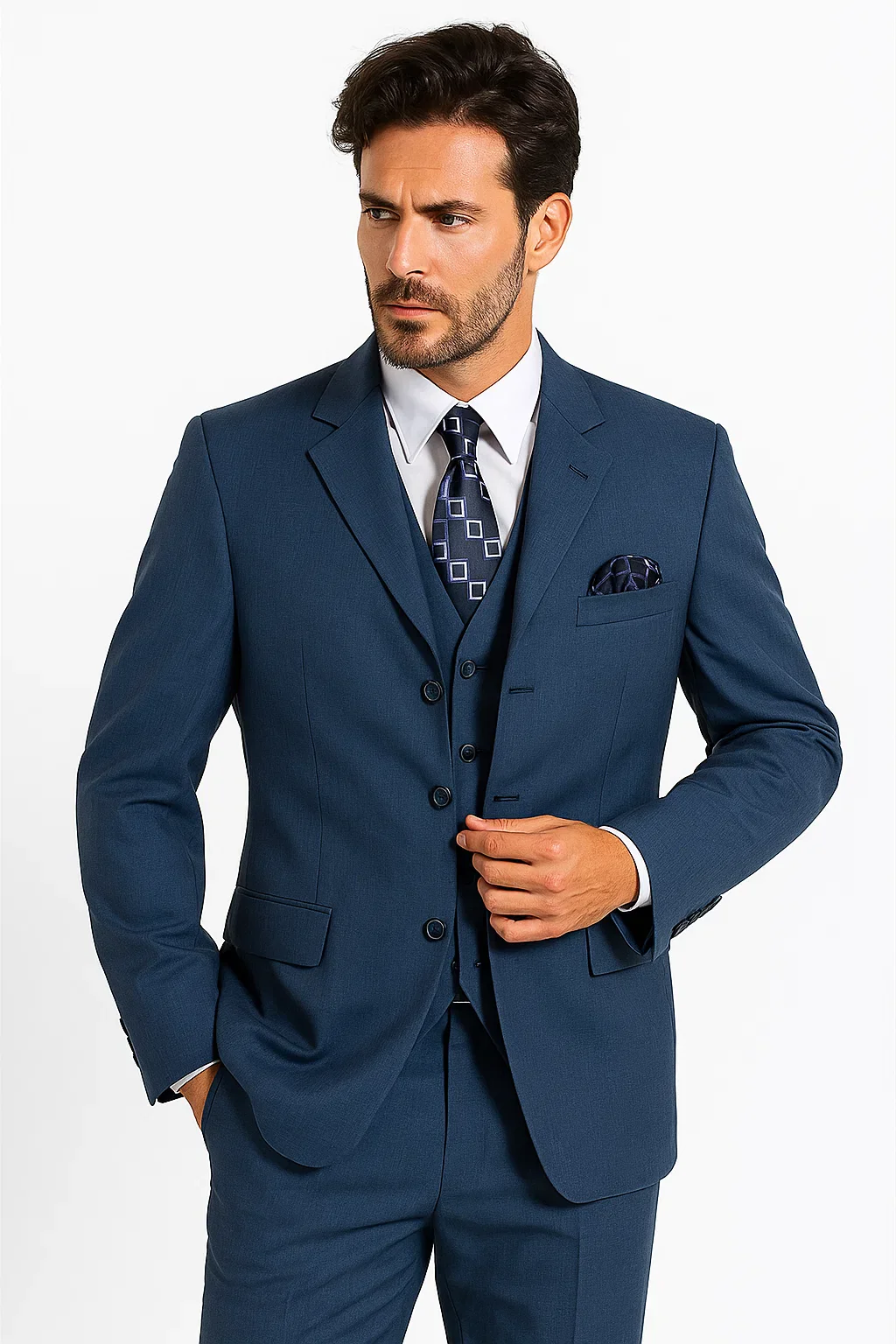 Men’s Saphire Steel Blue 3-Button  – Formal Business Attire Three Button Style Classic Fit Pleated Pants in Indigo Coablt Blue Color - Image 5