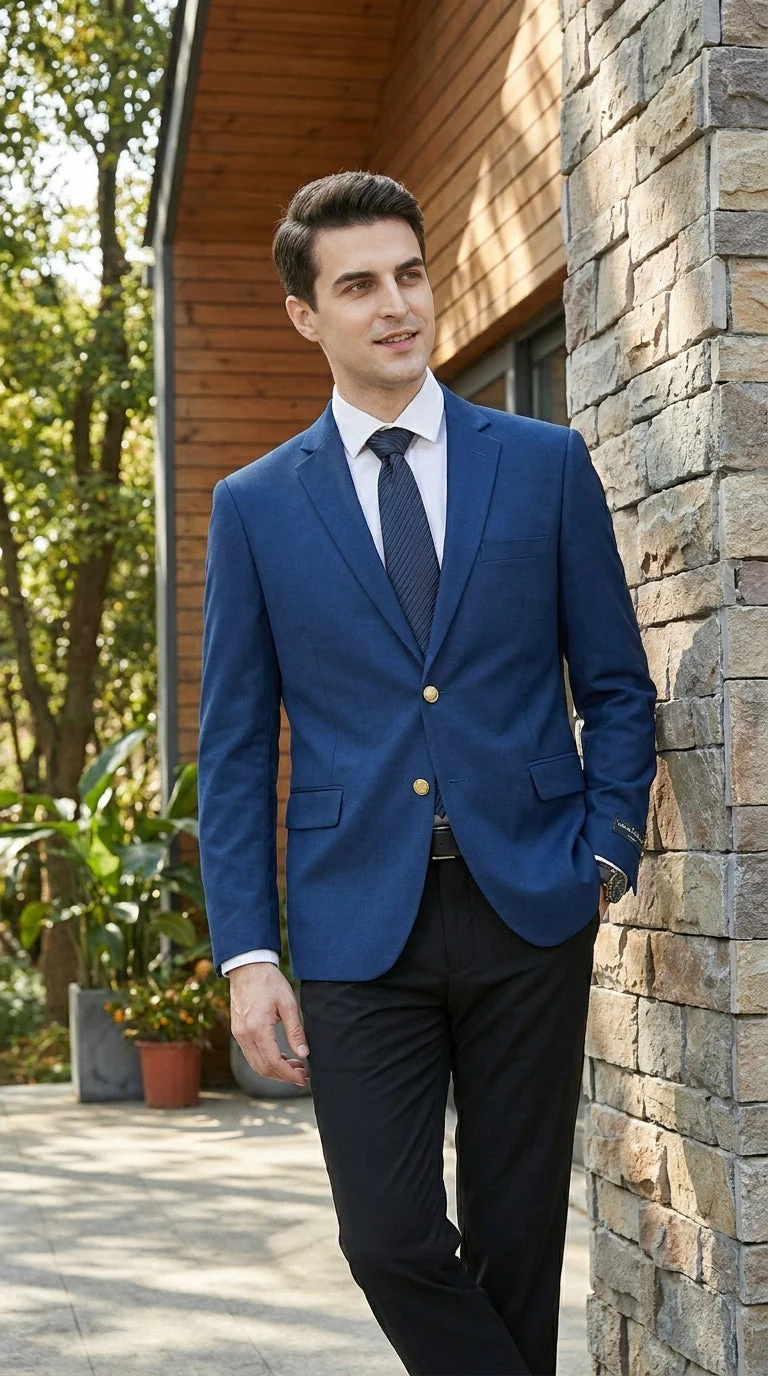 Men’s Sapphire Indigo Cobalt Blue Blazer with Gold Buttons – Classic Single Breasted Formal Business Jacket for Office, Wedding - Image 10