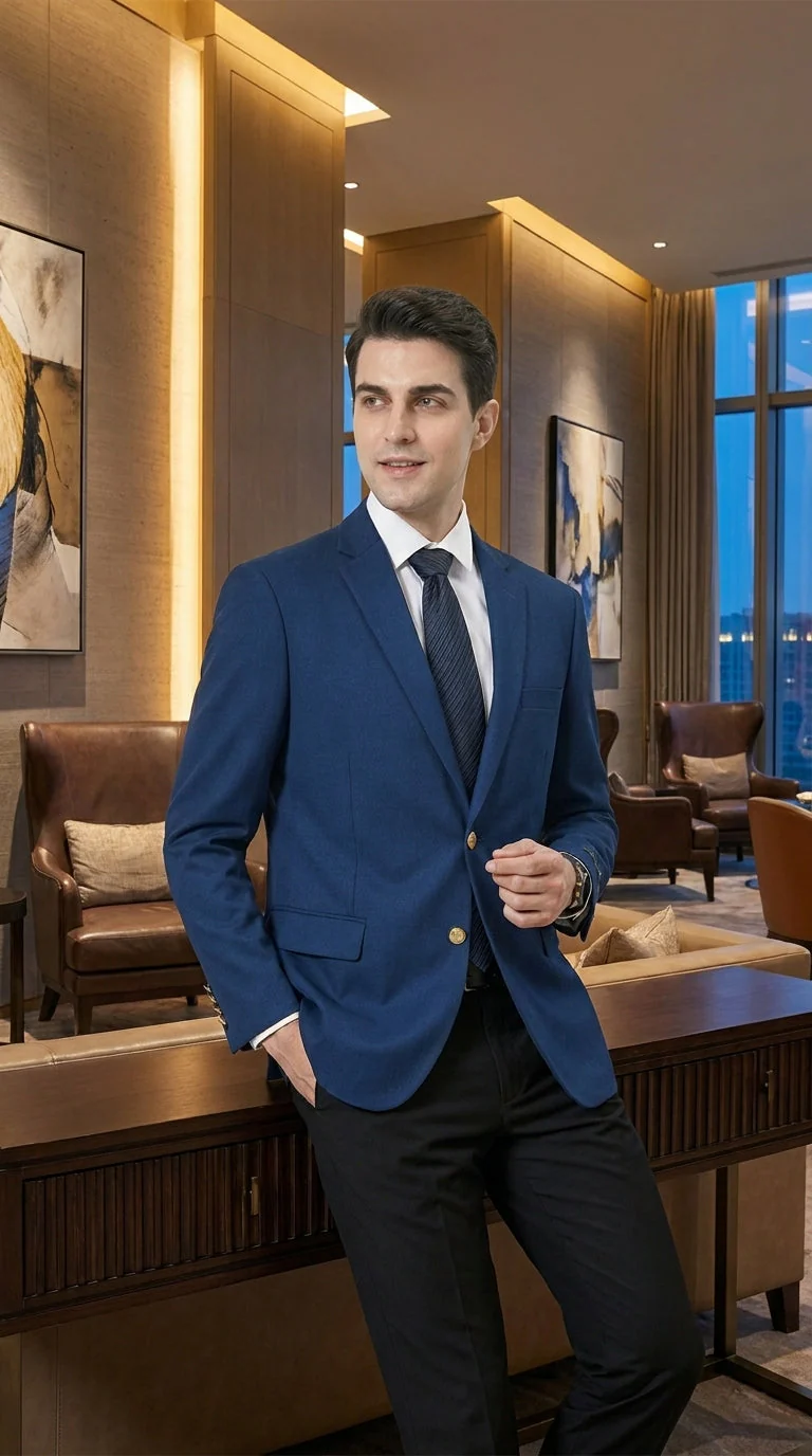 Men’s Sapphire Indigo Cobalt Blue Blazer with Gold Buttons – Classic Single Breasted Formal Business Jacket for Office, Wedding - Image 13
