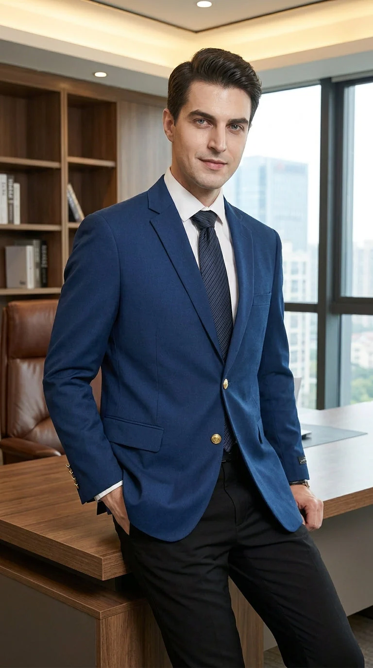 Men’s Sapphire Indigo Cobalt Blue Blazer with Gold Buttons – Classic Single Breasted Formal Business Jacket for Office, Wedding - Image 14