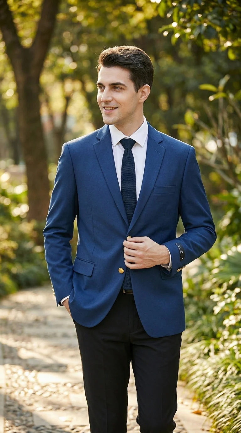 Men’s Sapphire Indigo Cobalt Blue Blazer with Gold Buttons – Classic Single Breasted Formal Business Jacket for Office, Wedding - Image 15