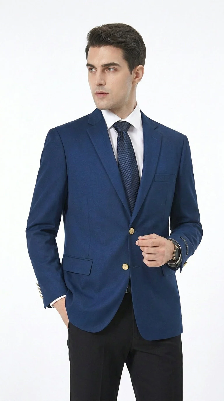 Men’s Sapphire Indigo Cobalt Blue Blazer with Gold Buttons – Classic Single Breasted Formal Business Jacket for Office, Wedding - Image 5