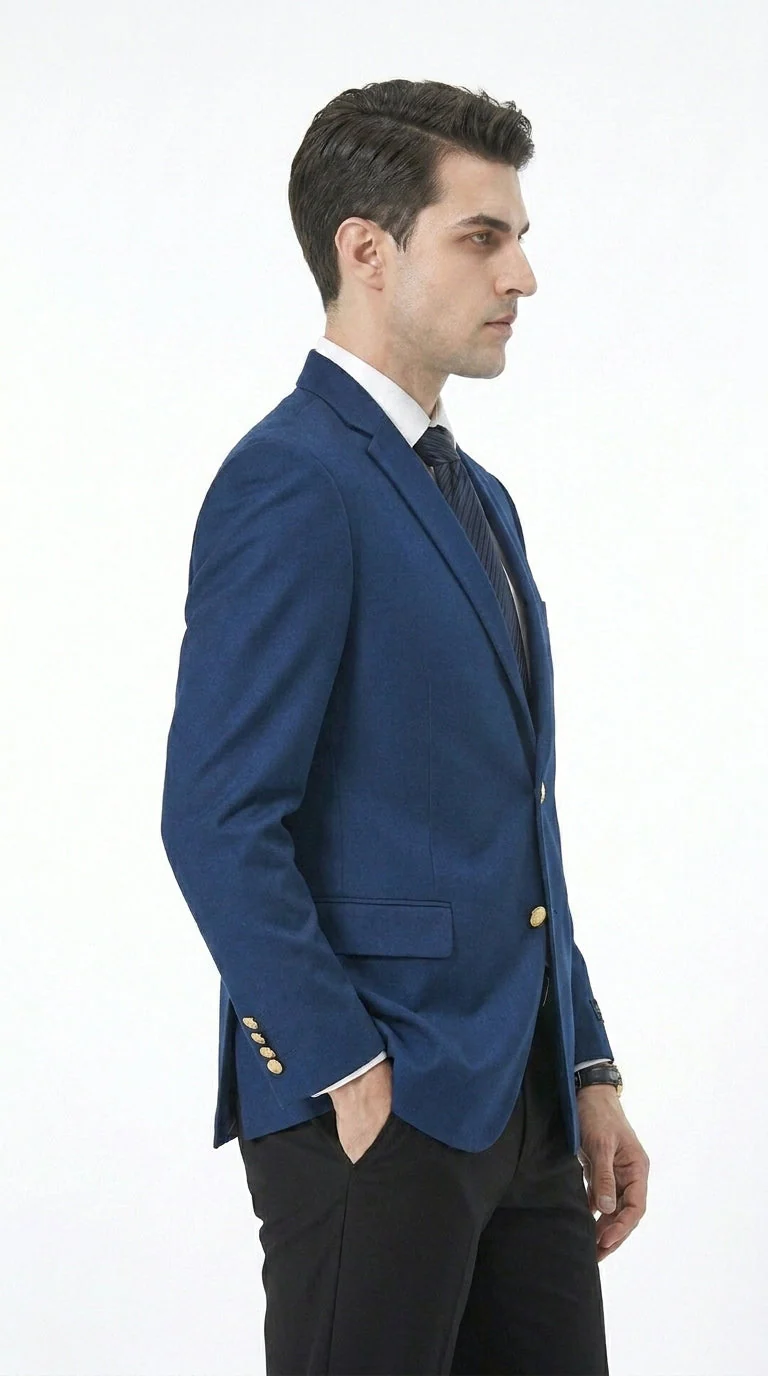 Men’s Sapphire Indigo Cobalt Blue Blazer with Gold Buttons – Classic Single Breasted Formal Business Jacket for Office, Wedding - Image 6