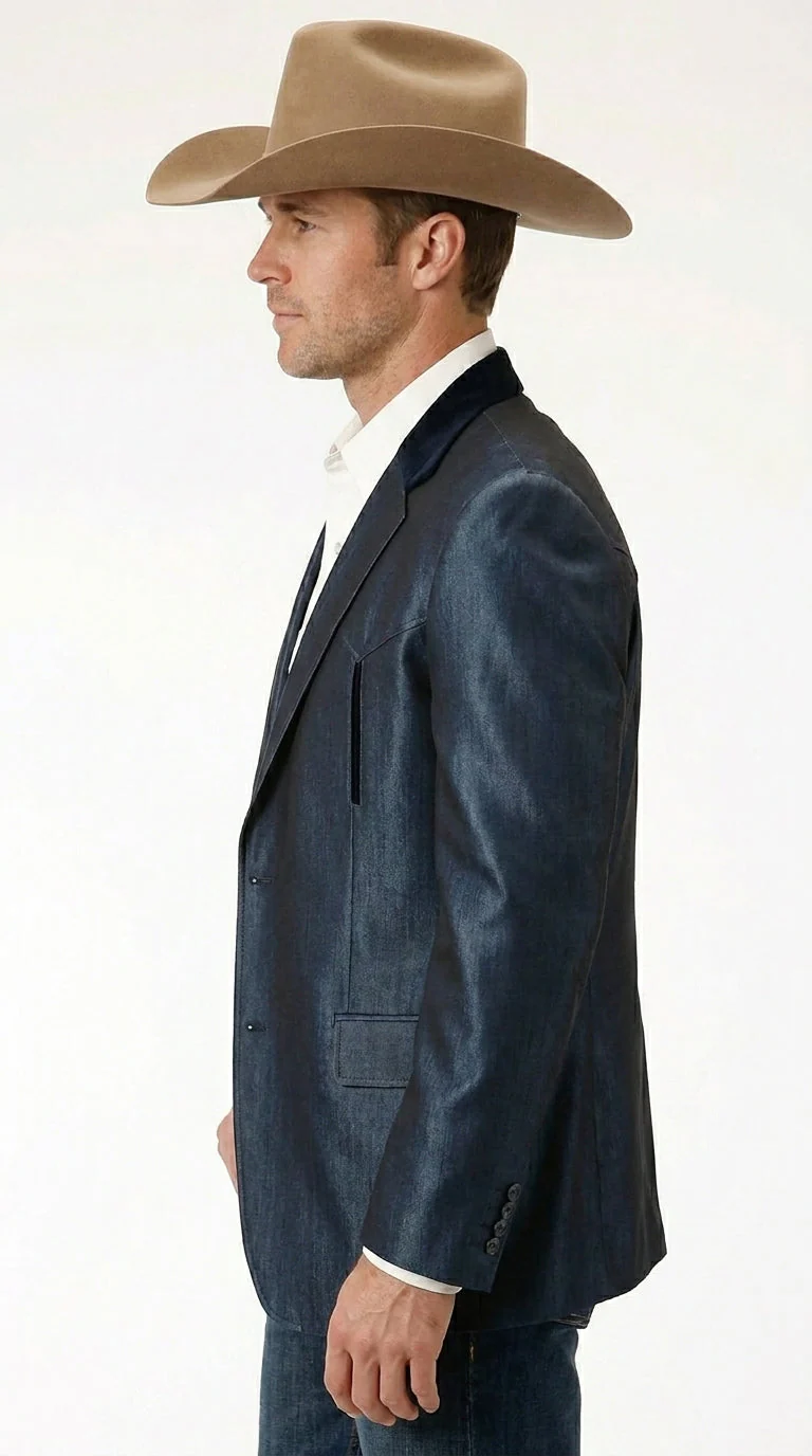 Men’s Sapphire Indigo Western Cowboy Blazer – Classic Western Style Jacket, Country Casual Dress Blazer in Navy Blue with sheen - Image 4