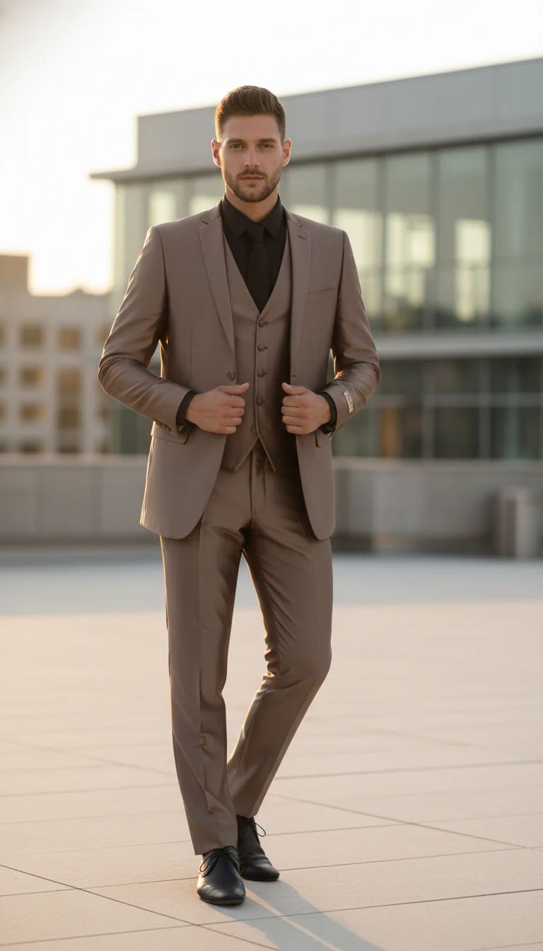 Men’s Sateen Shiny Metallic Mocca Taupe Gold Bronze 3-Piece Suit Set – Shiny Finish slim Fit Formal and Party Suit - Image 4