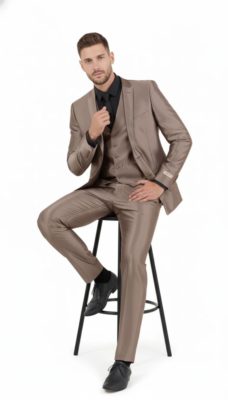 Men’s Sateen Shiny Metallic Mocca Taupe Gold Bronze 3-Piece Suit Set – Shiny Finish slim Fit Formal and Party Suit - Image 6